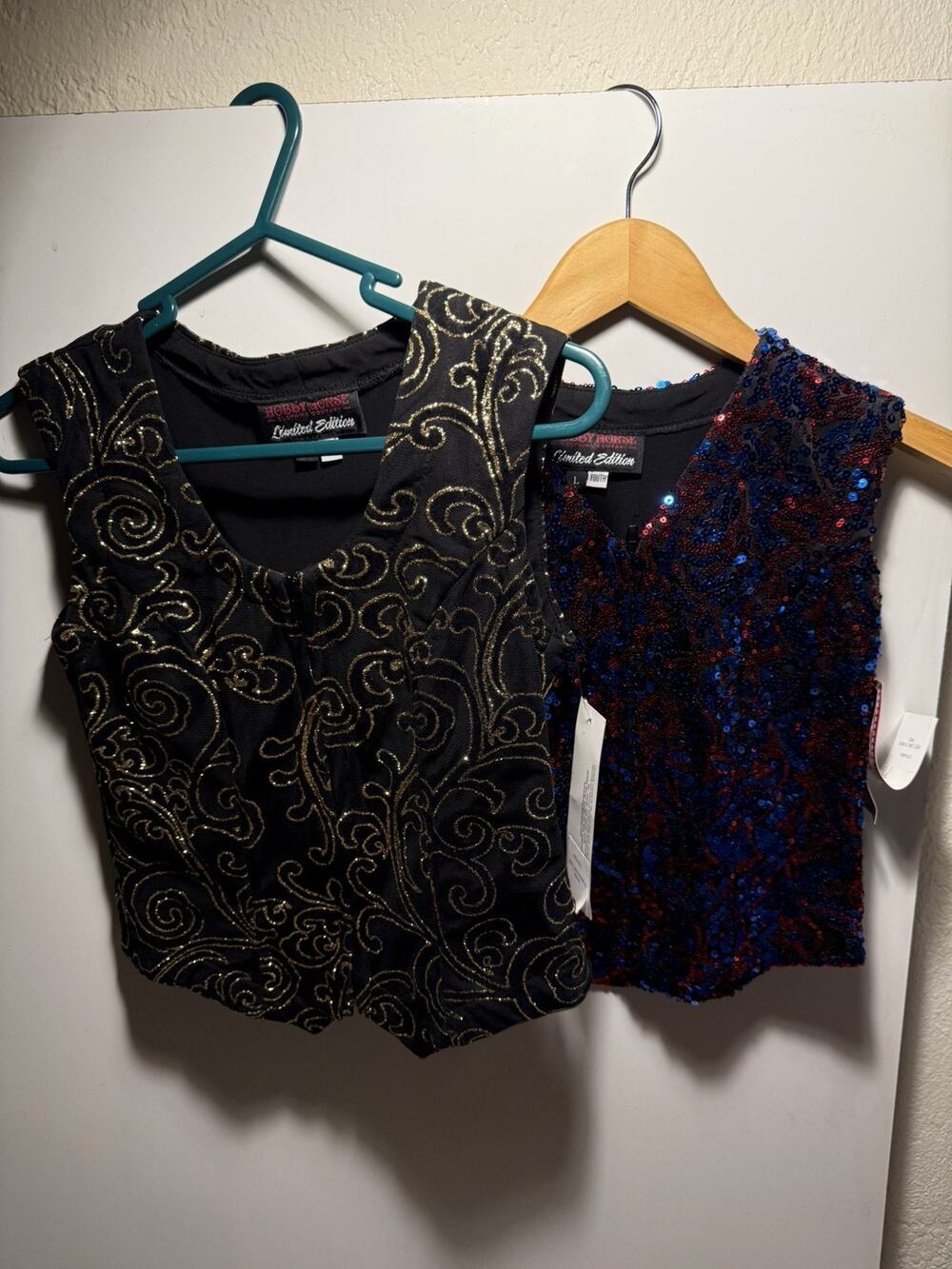 Lot of 2 NWT Hobby Horse Show Top Youth L Glittery Vests blk/gold red/blue new